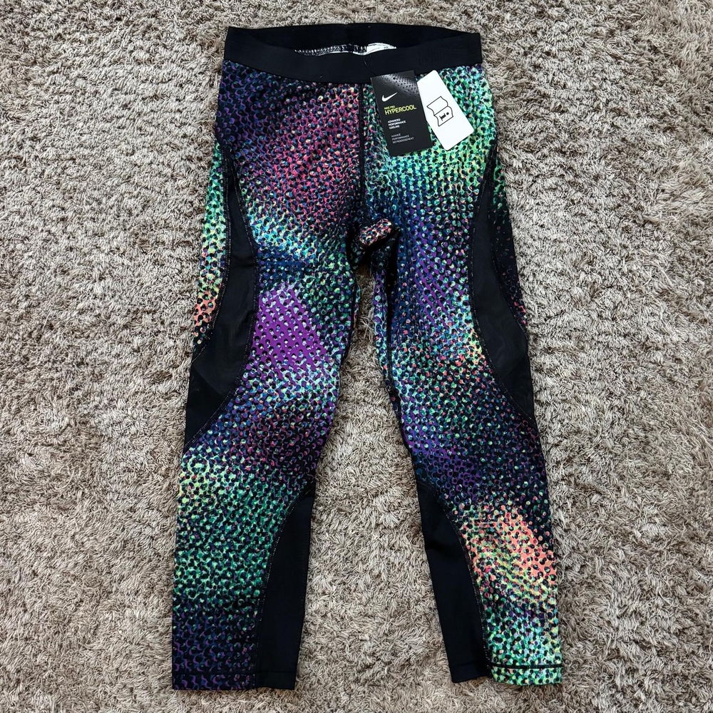 NWT Nike Pro Hypercool Multicolor Print, Black Sheer Mesh Insets Cropped Legging